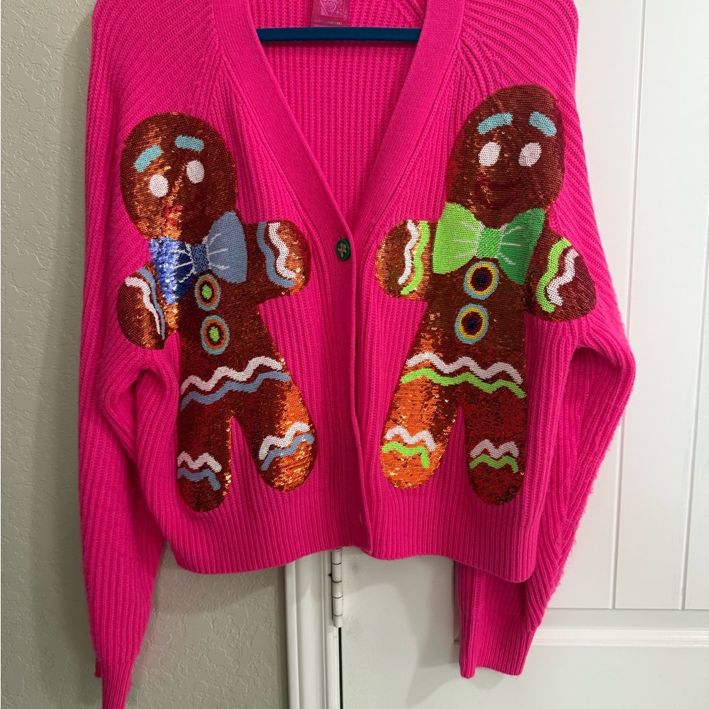 Queen of Sparkle Hot Pink Sequin Gingerbread Cardigan Sweater